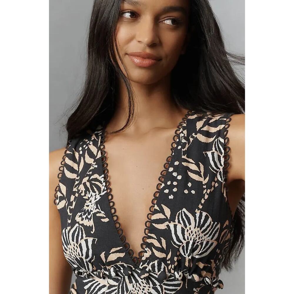 Farm Rio Anthropologie Printed V-Neck Jumpsuit Wide Leg Floral Birds Size L NWT - Picture 3 of 10
